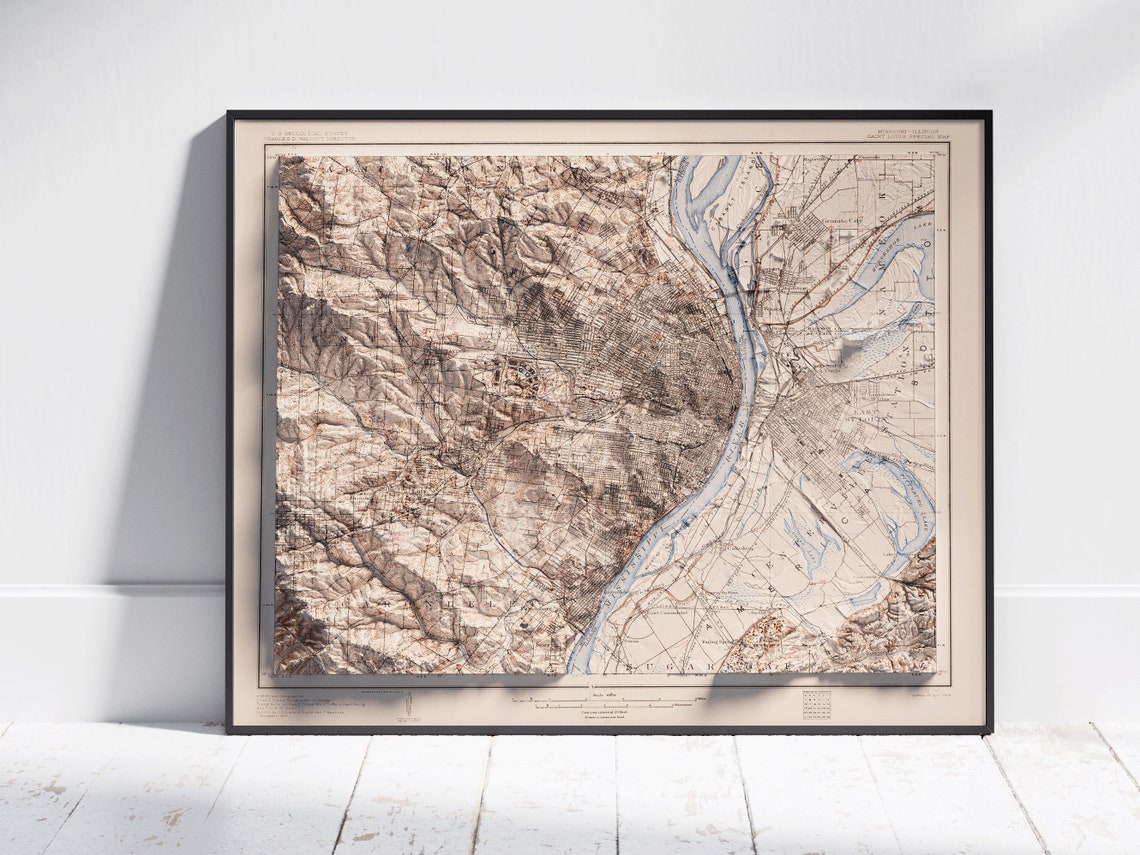 St Louis Missouri Vintage 3D Relief Mississippi City Map Poster