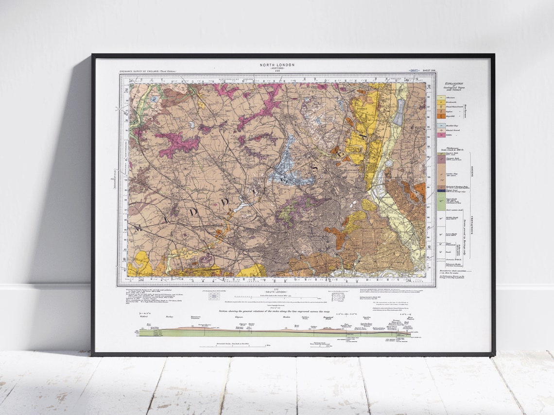 North London Vintage Geological Survey Map Historic Art Print