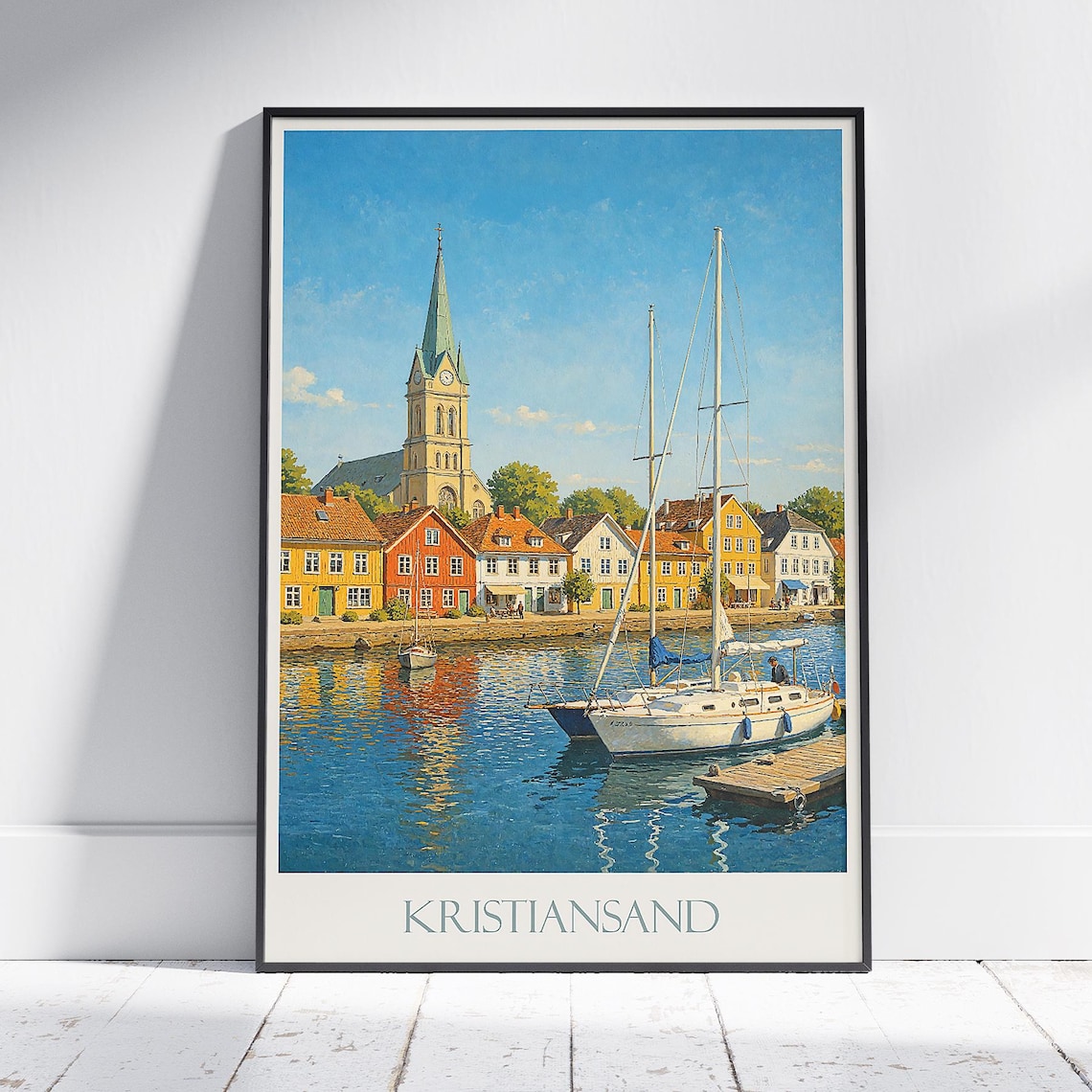 Kristiansand Norway Harbor Sailboats Church Vintage Travel Poster