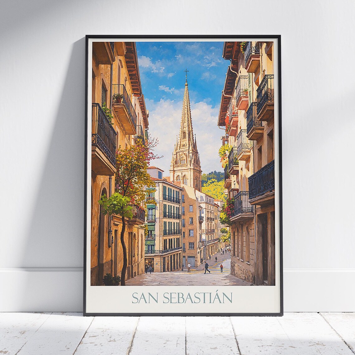 San Sebastian Old Town Cathedral Spire Charming Street Scene Poster