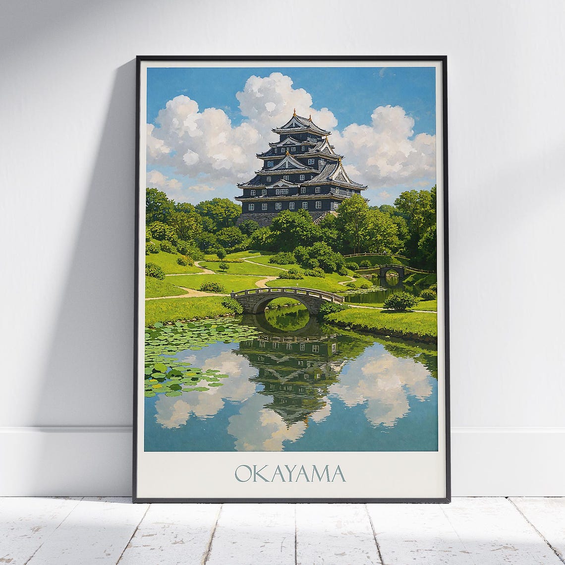 Okayama Castle Moat Reflection and Stone Bridge Vintage Poster