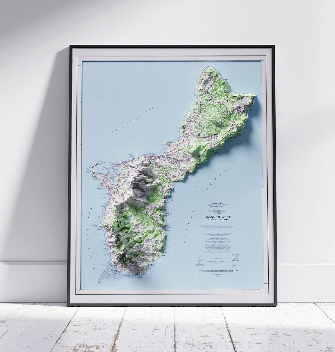 Guam Mariana Islands Vintage Topographic Relief Map Travel Poster