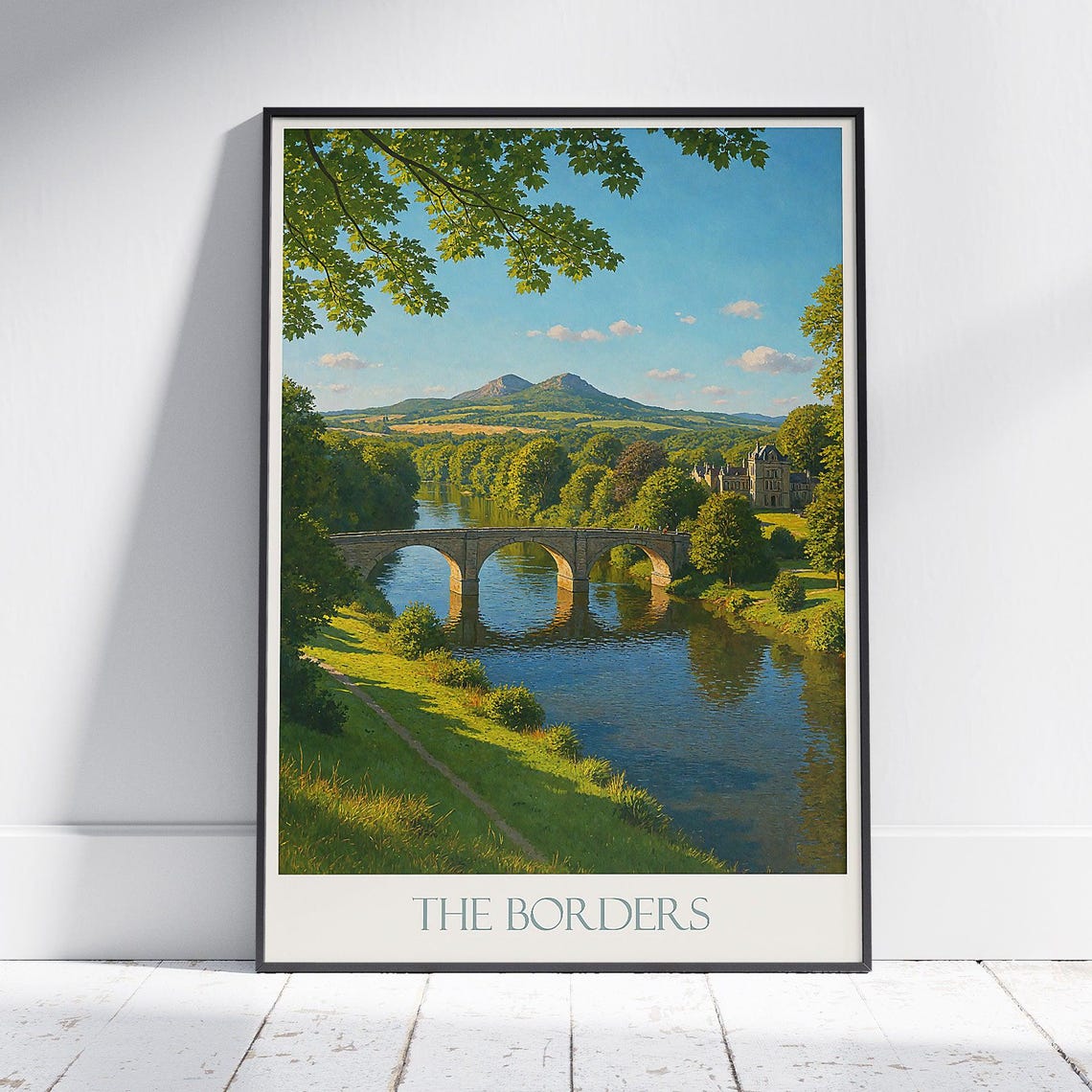 The Borders Scotland Riverside Stone Bridge Countryside Travel Poster