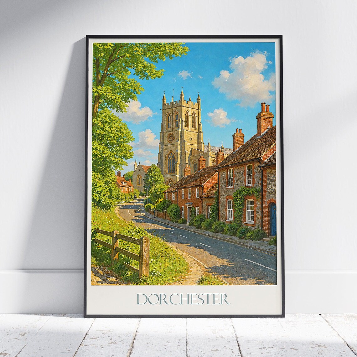 Dorchester Travel Poster English Village Charm Art Print Uk Countryside Wall Decor Quaint Church Cottages Gift