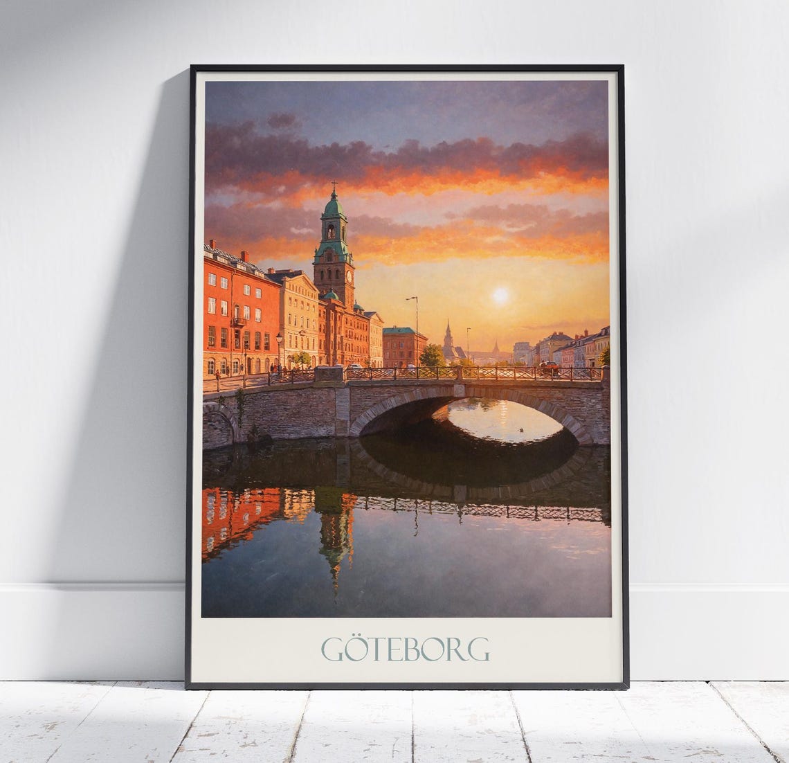 Goteborg Sweden Sunset Canal Bridge Reflection Painted Poster