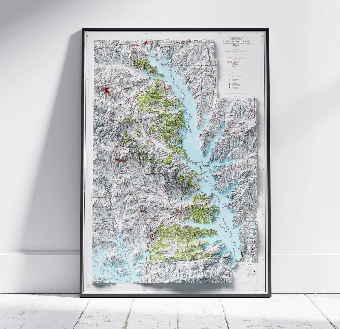 Sabine National Forest Texas 3D Shaded Relief Topographic Map Poster