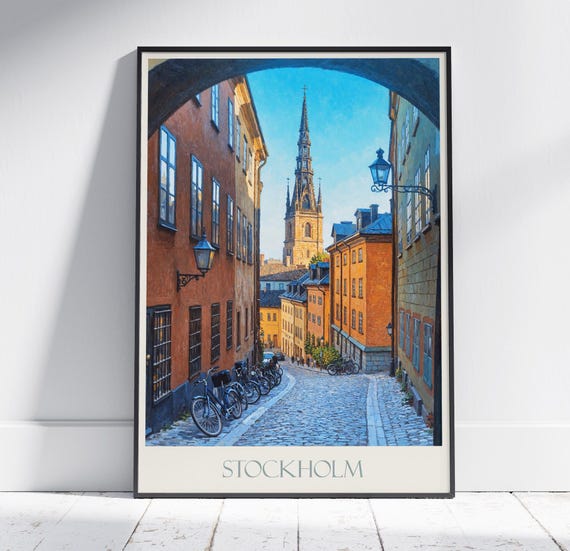 Stockholm Travel Print Gamla Stan Sweden Travel Poster Painted Wall Art Print Home Decor Framed Personalized Vacation Travel Gift