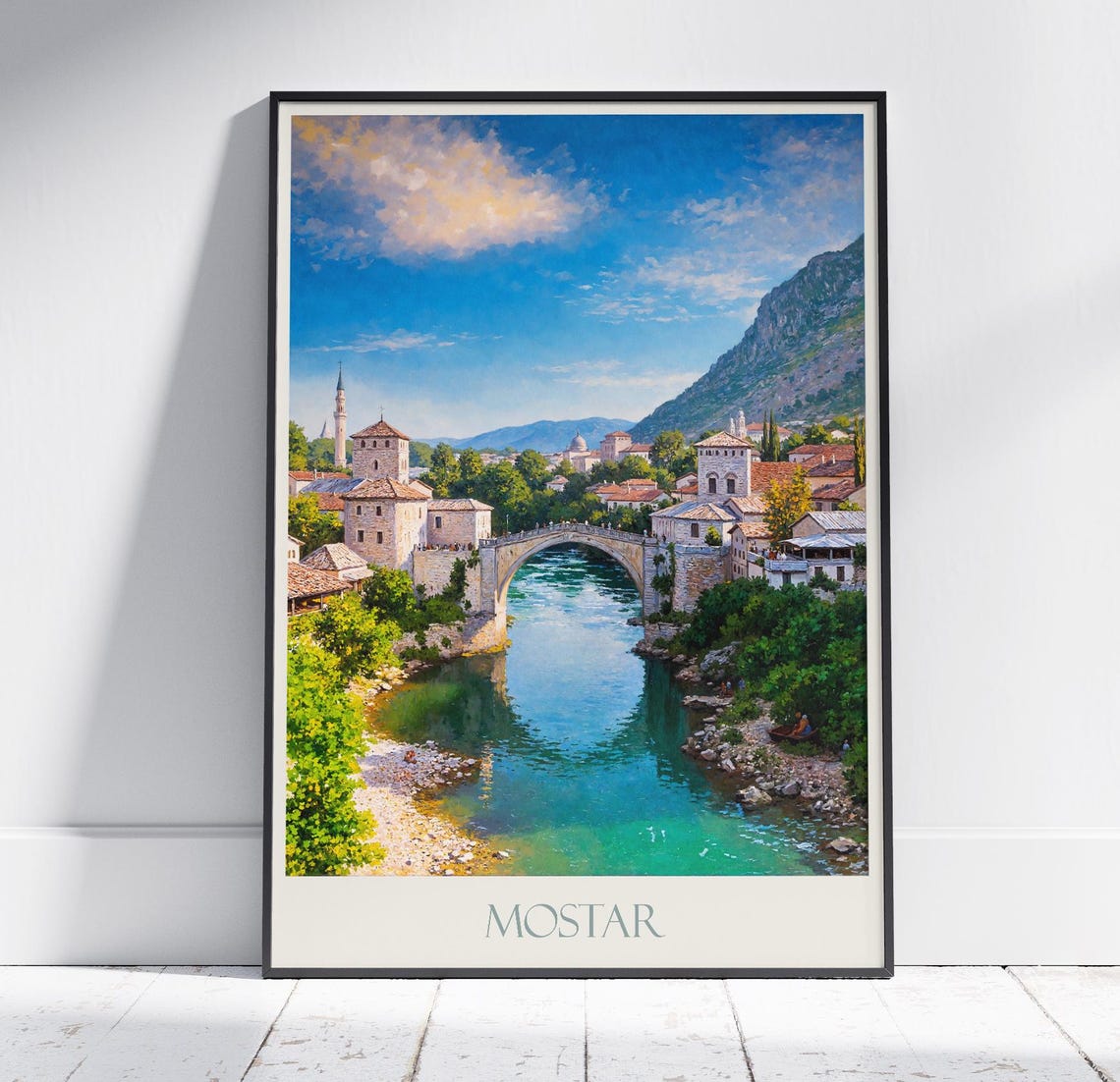 Mostar Bosnia Stari Most Old Bridge River Painted Travel Poster