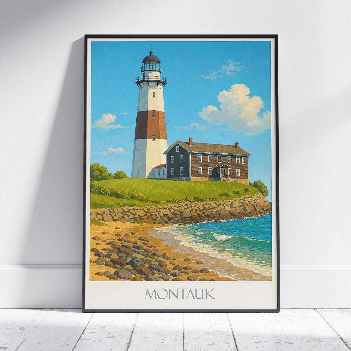 Montauk Point Lighthouse Long Island Beach Coastal Travel Poster