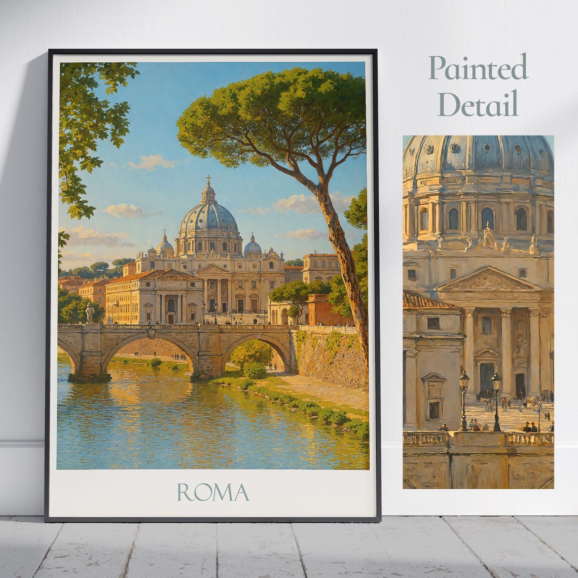 Roma Italy Painted Saint Peters Basilica Over the Tiber Poster