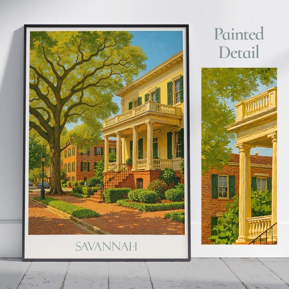 Savannah Travel Poster Georgia Painted Wall Art Historic City Print Southern Home Decor Personalized Vacation Gift Ga