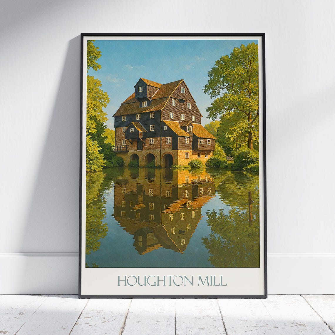 Houghton Mill England Travel Poster Historic Watermill River Art