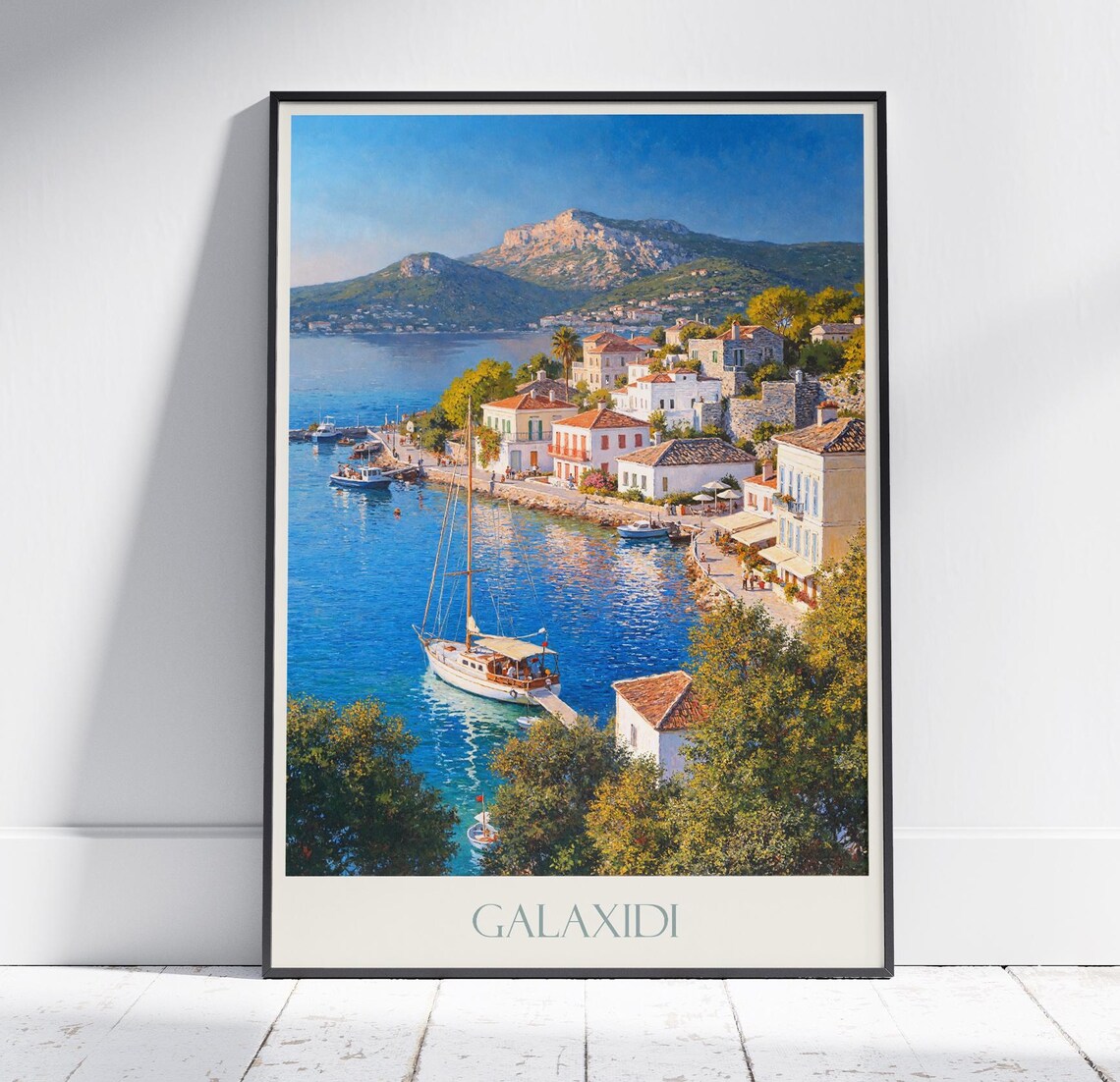 Galaxidi Greece Harbor Sailboat Mountain Painted Travel Poster
