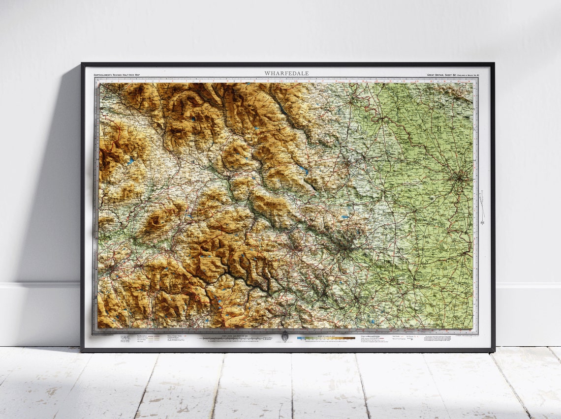 Wharfedale Yorkshire Vintage Bartholomew Shaded Relief Map Poster
