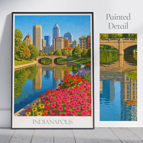 Indianapolis Travel Poster Indiana Canal Walk Art Print Vibrant Cityscape Wall Decor Personalized Home Gift