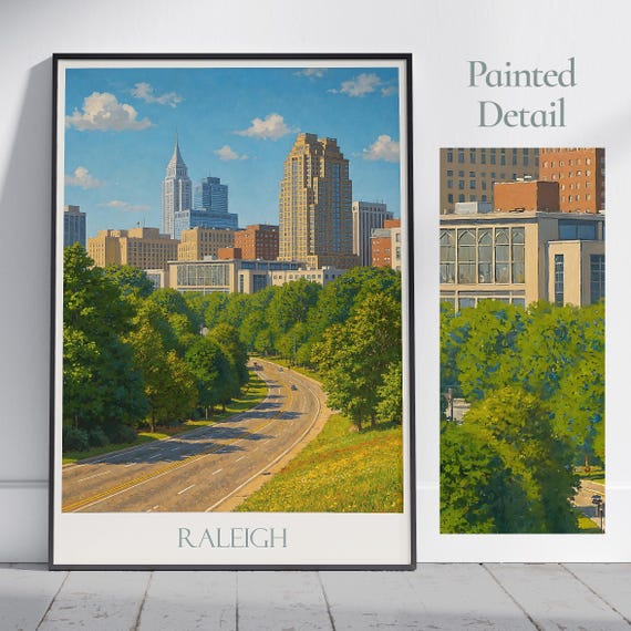 Raleigh North Carolina Travel Poster Modern Cityscape Wall Art Print Nc Skyline Home Decor Gift Personalized Framed Options
