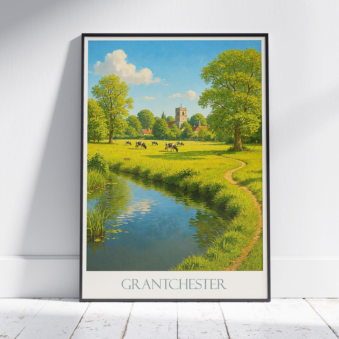 Grantchester English Village Meadow Cows River Church Travel Poster
