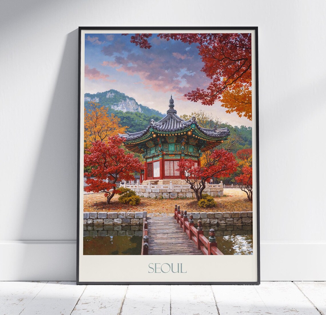 Seoul South Korea Autumn Palace Pavilion Painted Travel Poster