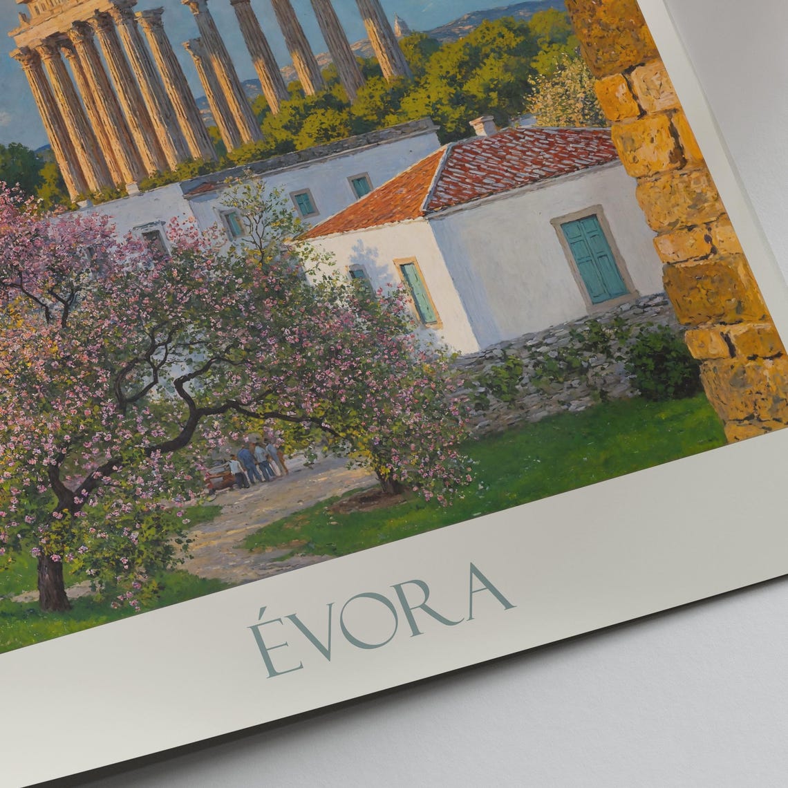 Evora Portugal Roman Temple Blossom Arch Painted Travel Poster - Image 3