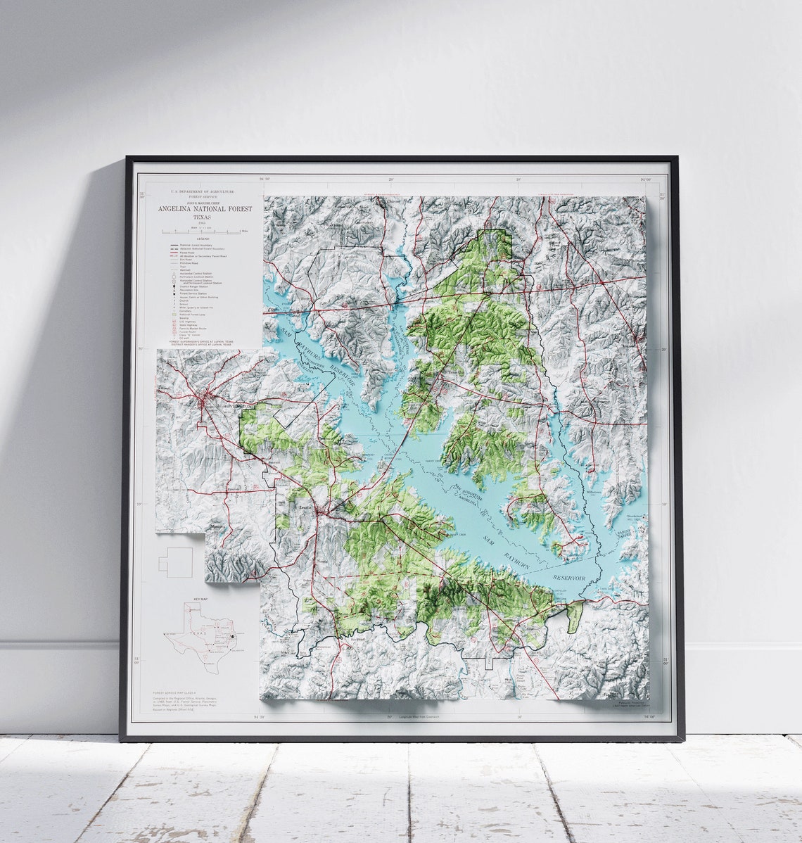 Angelina National Forest Texas Vintage Shaded Relief Map Poster