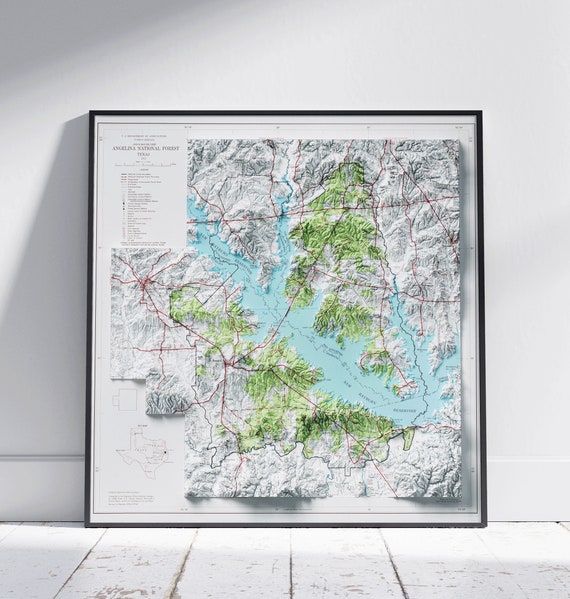 Angelina National Forest Texas Shaded Relief Flat 2d Map Print Poster Wall Art Decor Topography