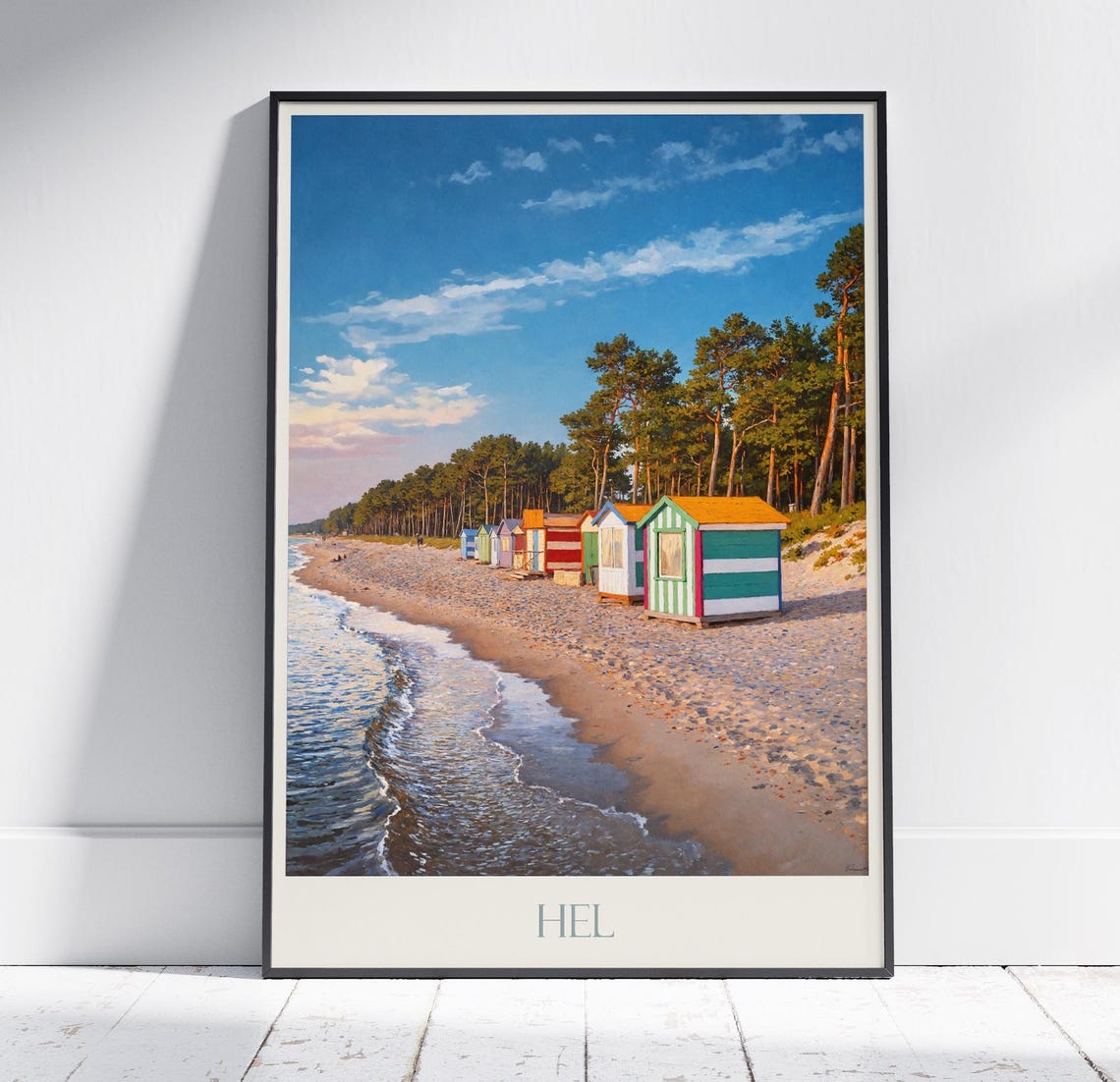 Hel Poland Beach Travel Poster Colorful Beach Huts Pine Trees Seaside