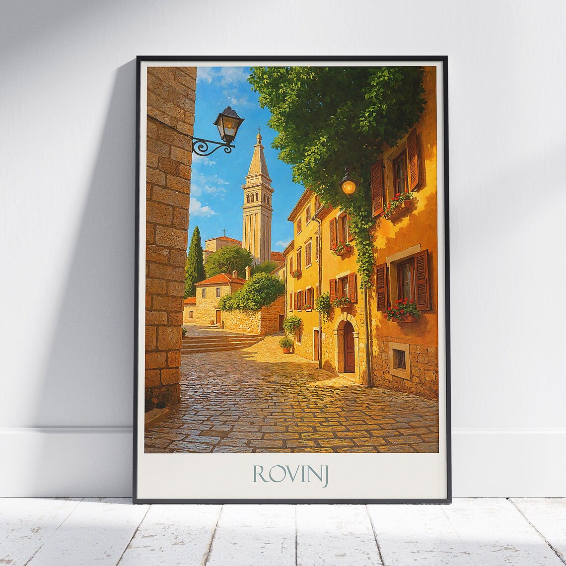 Rovinj Croatia Narrow Street Bell Tower Old Town Travel Poster