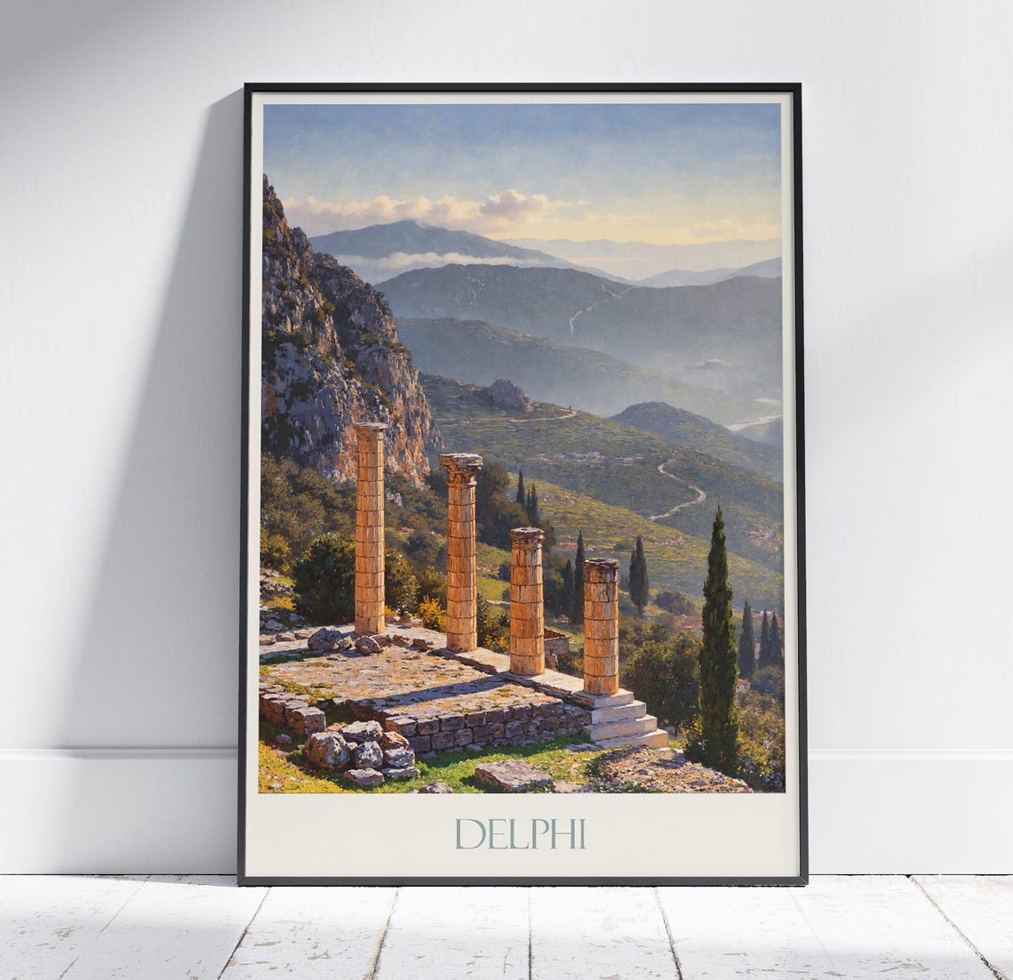 Delphi Greece Ancient Temple Columns Mountain Ruins Travel Poster