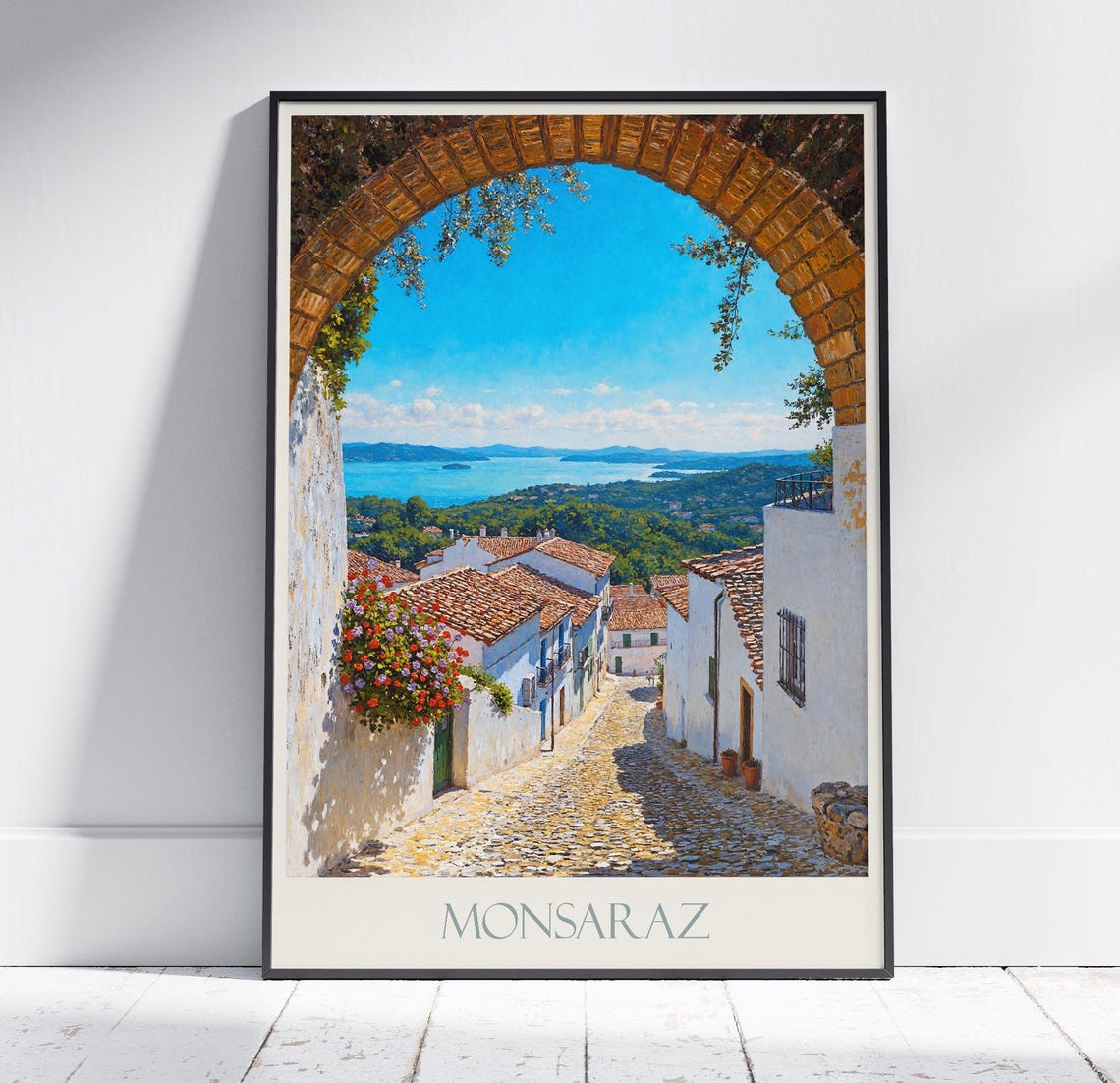Monsaraz Portugal Stone Arch Cobbled Lane Lake View Travel Poster