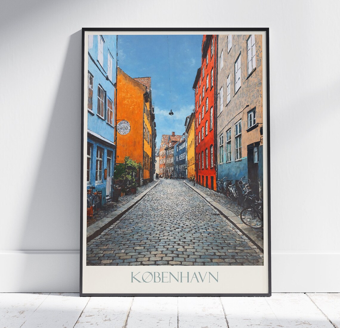København Denmark Colorful Cobblestone Street Painted Travel Poster