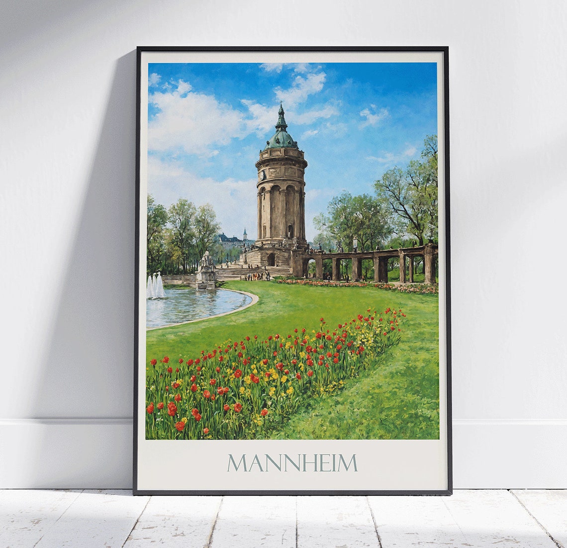 Mannheim Water Tower Spring Painted Tulip Gardens Germany Scene Poster