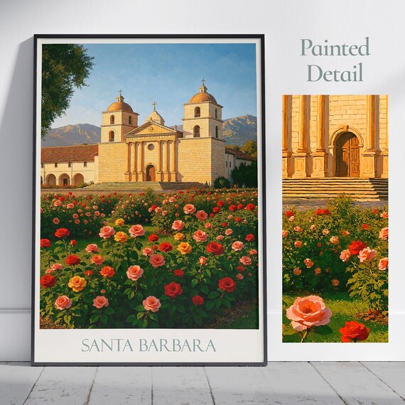 Santa Barbara Mission Rose Garden Spanish Colonial Twin Towers Poster
