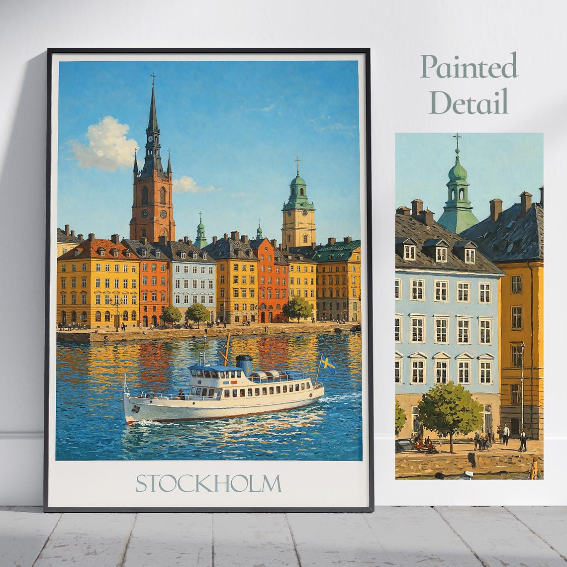 Stockholm Gamla Stan Historic Waterfront Ferry Painted Travel Poster