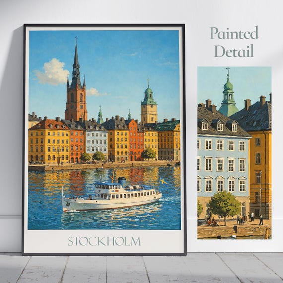 Stockholm Travel Poster Gamla Stan Sweden Painted Wall Art Print Vibrant Cityscape Home Decor Personalized Gift