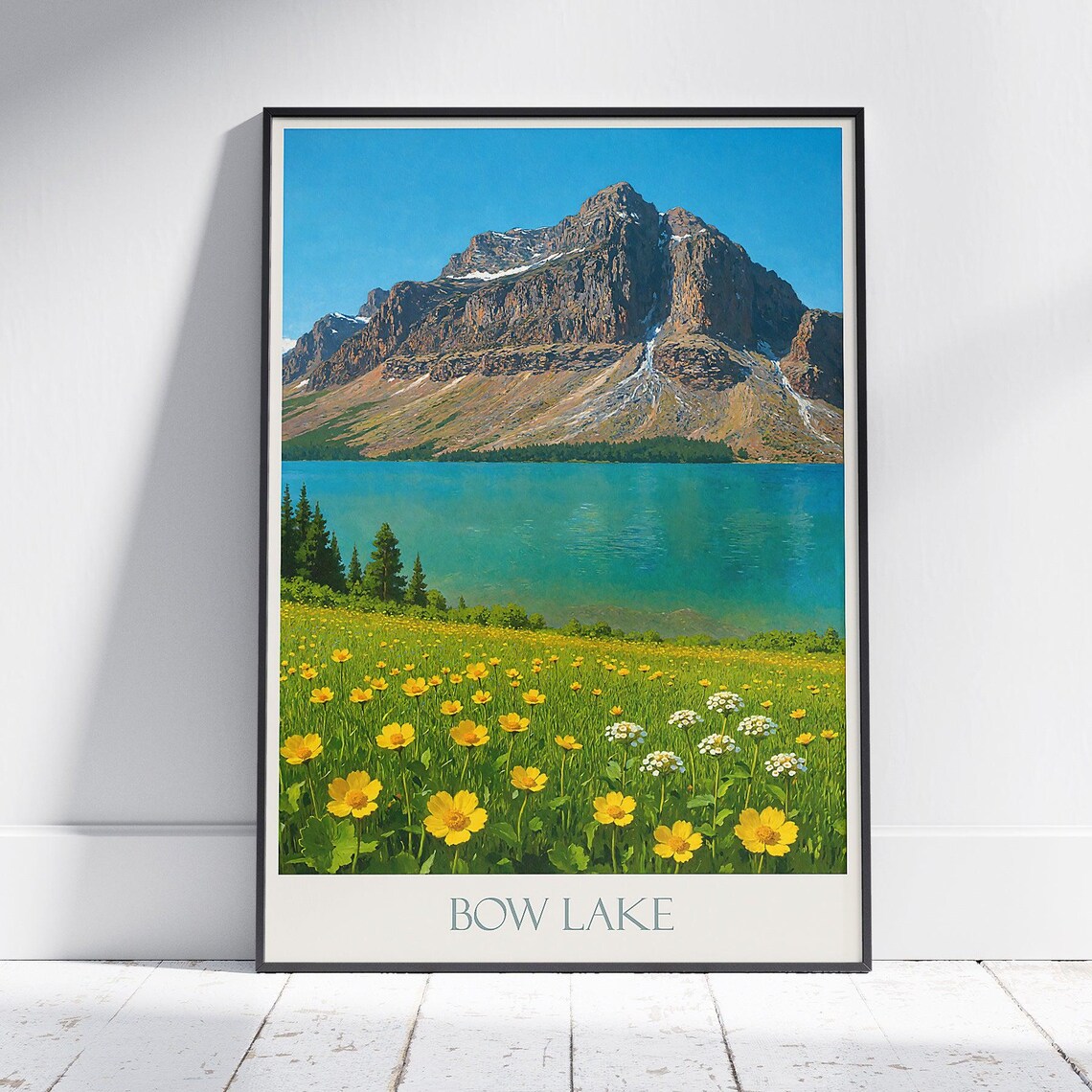 Bow Lake Wildflower Meadow Mountain Turquoise Lake Vintage Travel Poster