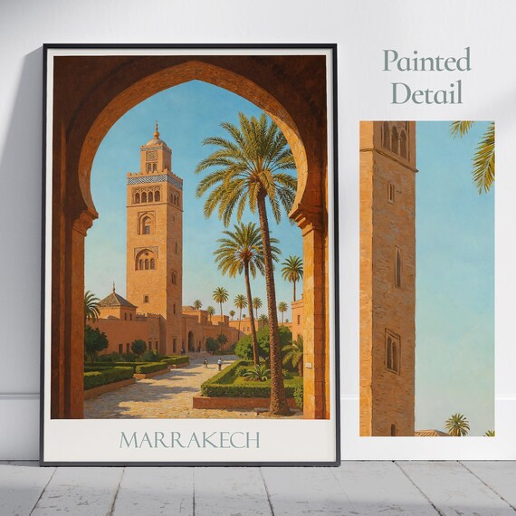 Marrakech Old City Mosque Minaret Palms Painted Travel Art Poster
