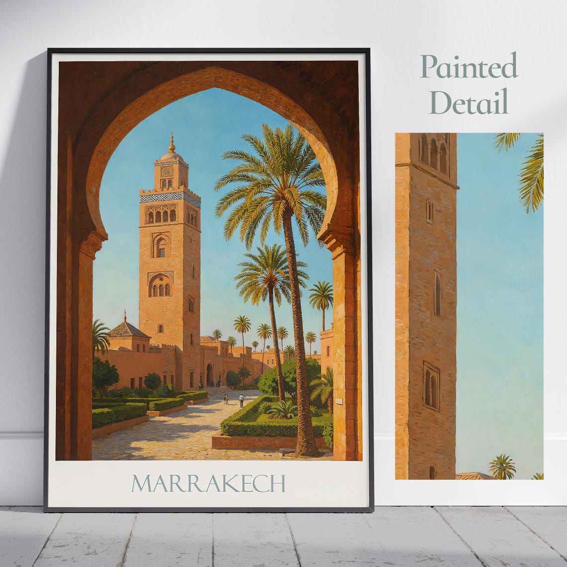 Marrakech Old City Mosque Minaret Palms Painted Travel Art Poster