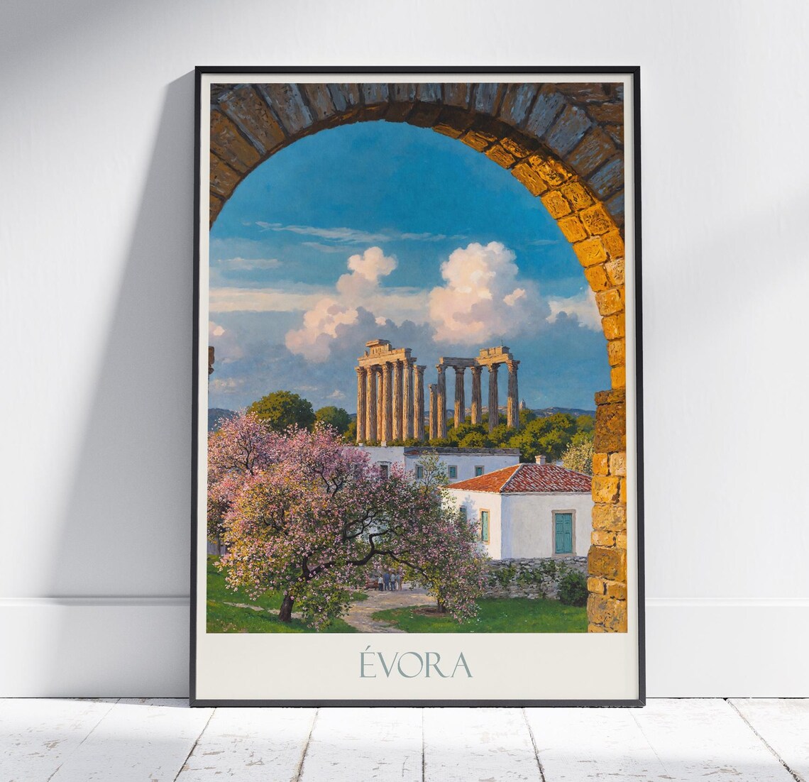 Evora Portugal Roman Temple Blossom Arch Painted Travel Poster