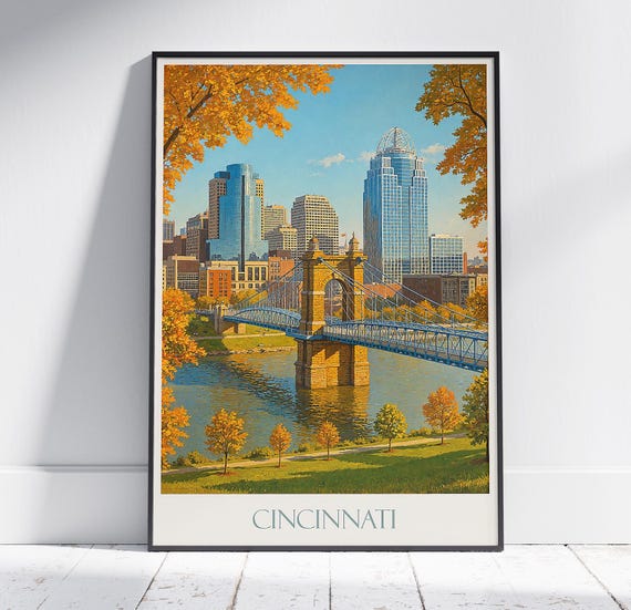 Cincinnati Travel Poster Ohio Roebling Bridge Art Print Skyline Wall Decor Fall Cityscape Gift