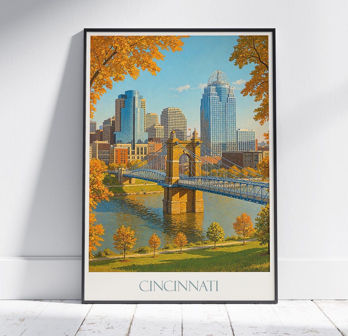 Cincinnati Travel Poster Ohio Roebling Bridge Art Print Skyline Wall Decor Fall Cityscape Gift