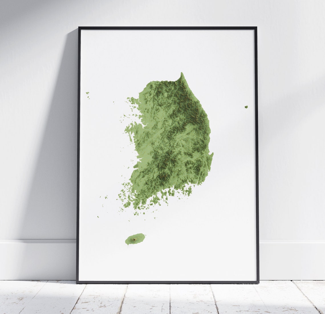 South Korea Green Topographic Relief Map Minimalist Style Poster