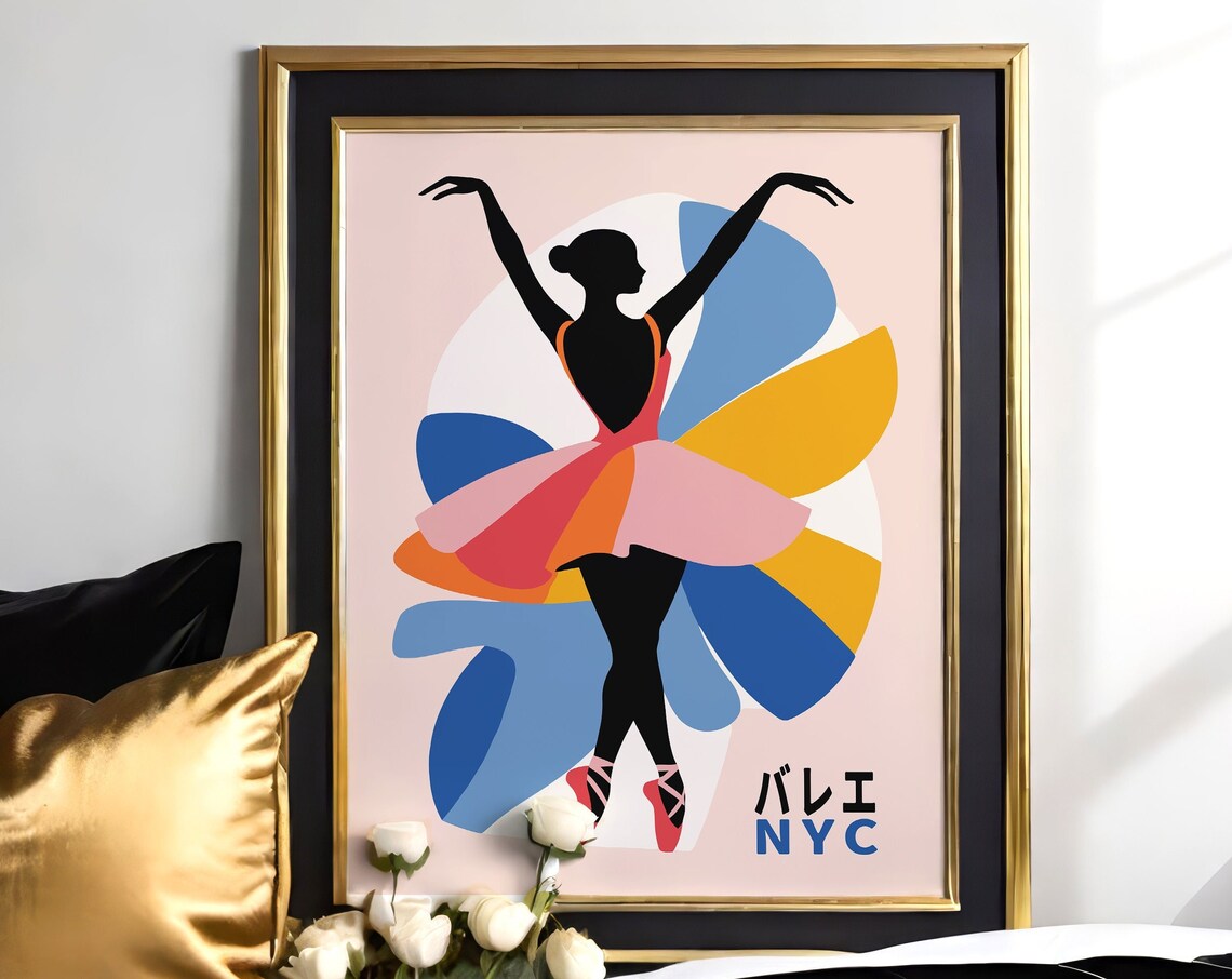 Colorful NYC Ballet Poster with Abstract Dancer Silhouette Art