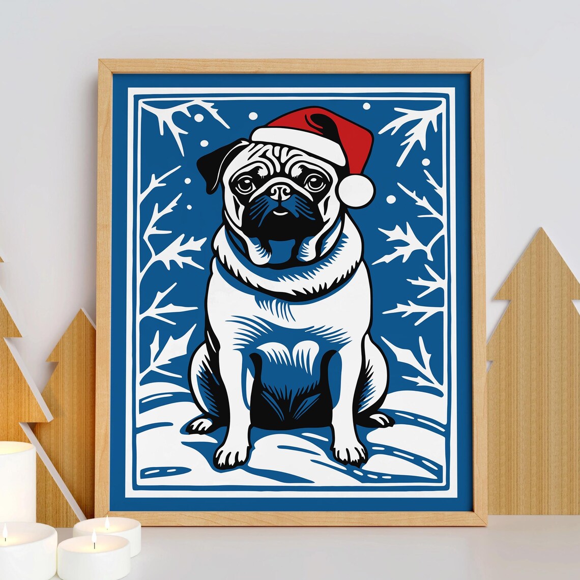 Cute Christmas Pug Dog in Santa Hat Blue Winter Scene Pet Poster