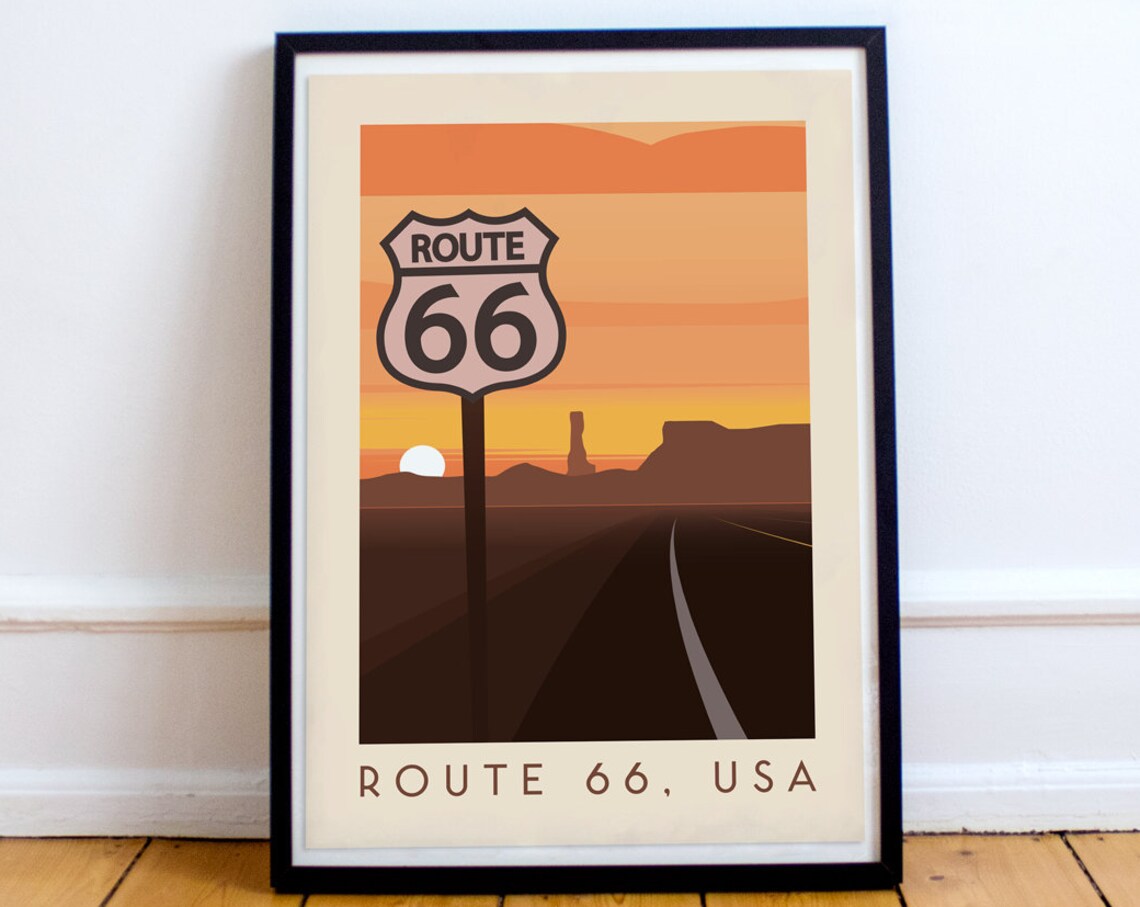 Route 66 Vintage Retro Travel Poster, Wall Art