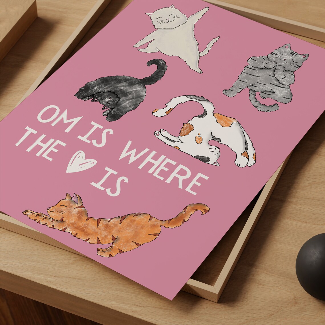 Om Is Where the Heart Is Cat Yoga Poster Funny Pink Cat Decor - Image 3