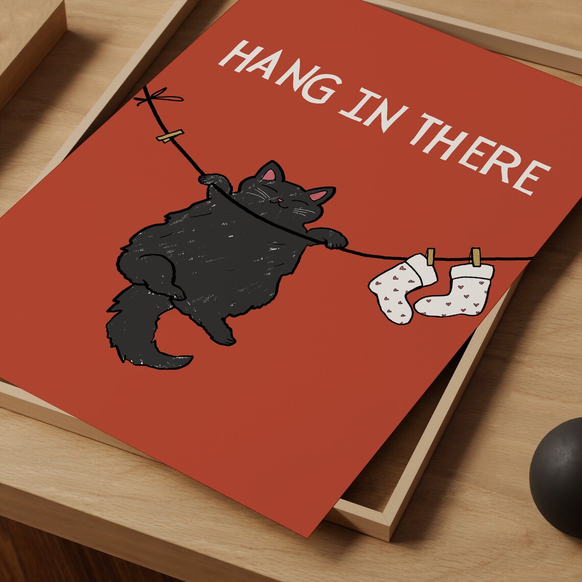 Hang in There Funny Black Cat Poster Hanging on a Clothesline - Image 3
