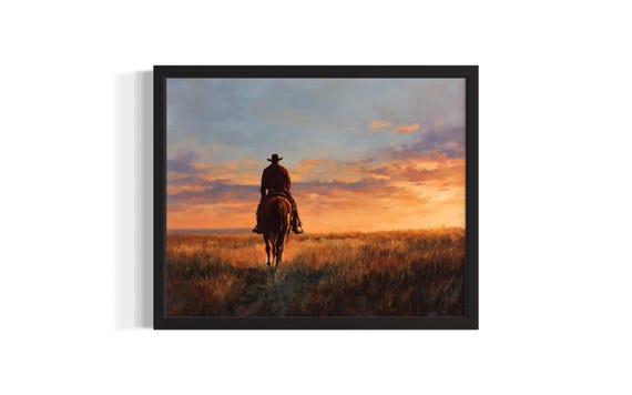 Cowboy At Sunset Poster Art Print Living Room Wall Original Painting Artwork Decor