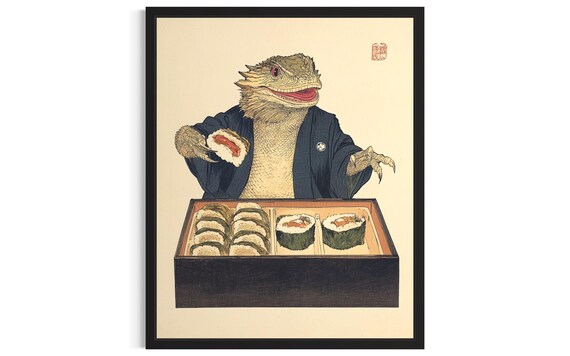 Bearded Dragon in Kimono Sharing Sushi Vintage Japanese Art Print