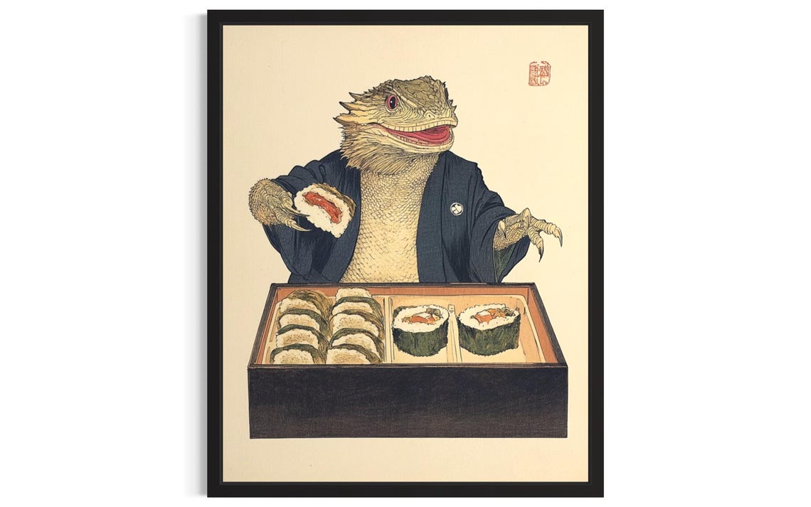 Bearded Dragon in Kimono Sharing Sushi Vintage Japanese Art Print