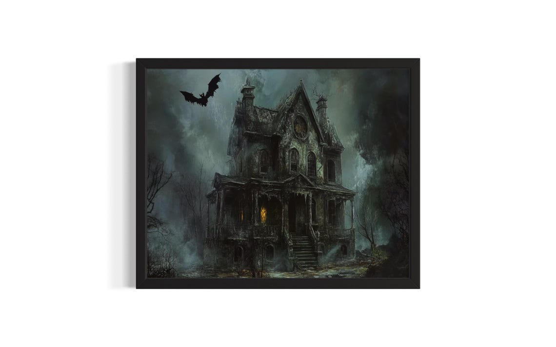 Haunted Gothic Mansion at Night with Bats Creepy Horror Art Poster